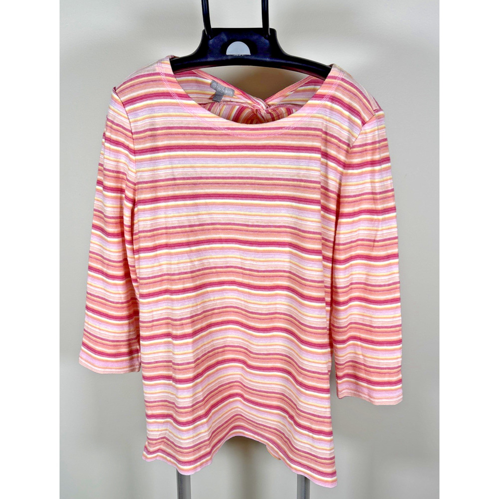 T by Talbots Pink Striped Back Twist Pullover Top 3/4 Sleeve Sz Petite Large NWT